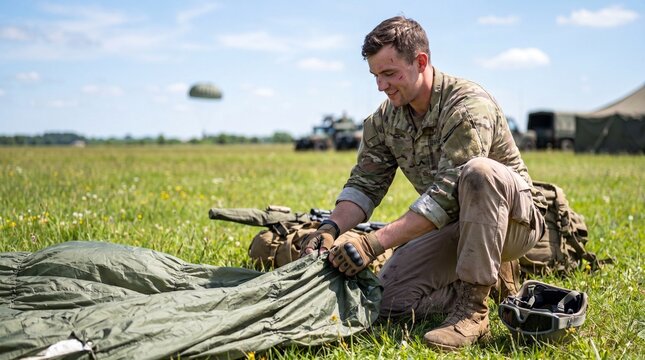 Young male soldier content and focused packing his parachute after landing against a sunny open field with military vehicles
