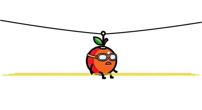 Adventurous tomato character riding a zip line illustration.