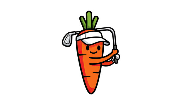 Carrot character playing golf with a sports visor.