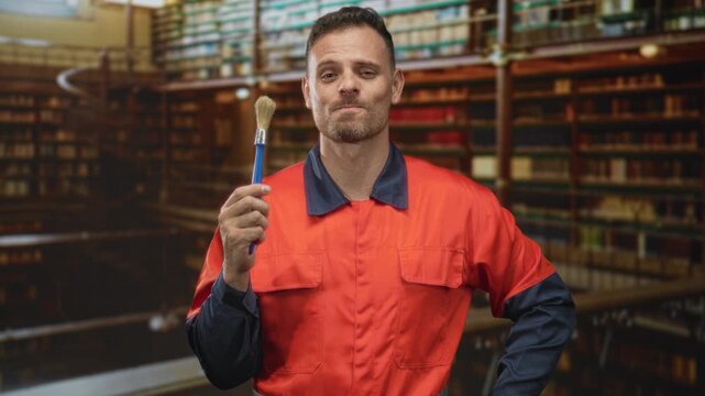 Man painter in orange uniform holding paintbrush and giving thumbs up among library shelves in a building; pride.