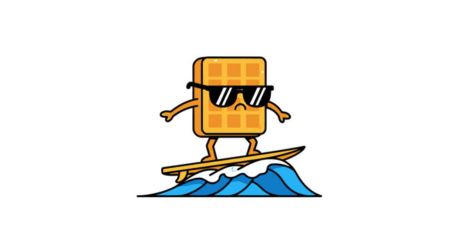 Cool cartoon waffle with sunglasses surfing on ocean wave.
