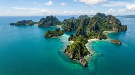 Fototapeta premium Aerial view of tropical limestone islands in turquoise ocean water.