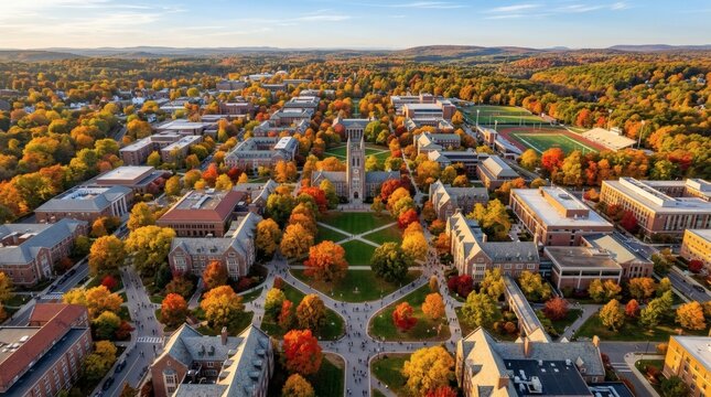 Aerial view of university campus during peak autumn season.