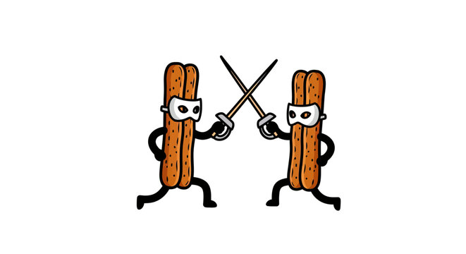 Two masked breadstick characters dueling with swords on white.