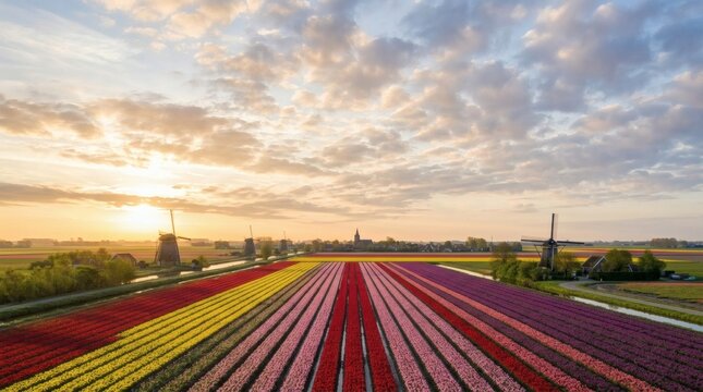 Colorful tulip field with windmill at sunrise in Netherlands.