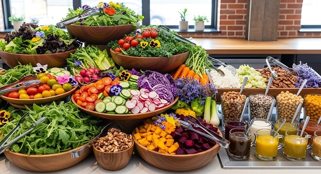 Fresh salad bar buffet with variety of colorful vegetables and healthy toppings in a restaurant. salad bar inspiration