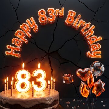 Radiant Glass Style Happy 83rd Birthday Display with Illuminated Number Cake Heart Balloons Gift Box and Glowing Orange Celebration Elements