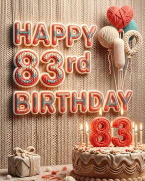 Knitted Happy 83rd Birthday Typography with Yarn Inspired Balloons Celebration Cake Candles and Handmade Textile Pattern Background