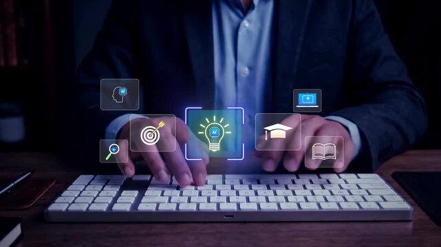 Smart education technology with AI powered idea creation, interactive learning icons, and digital knowledge tools used on tablet for personalized study and future ready training experience