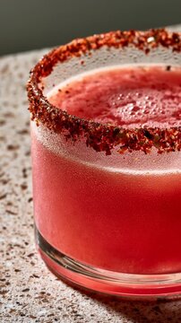 Chamoy chili rim cocktail with red juice closeup
