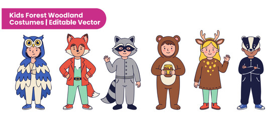 Fototapeta premium Kids forest woodland animal costumes vector illustration set of cute children dressed up as owl, fox, raccoon, bear, deer, badger during a school play or party celebration on flat white background.