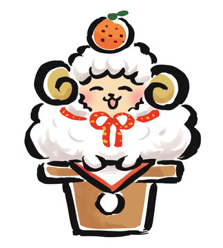 お正月に鏡餅の真似をする干支の未（羊）