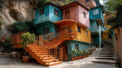 Fototapeta premium An inviting scene of brightly colored urban houses built on rocky terrain, surrounded by lush greenery, reflecting a harmonious blend of nature and vibrant city life.