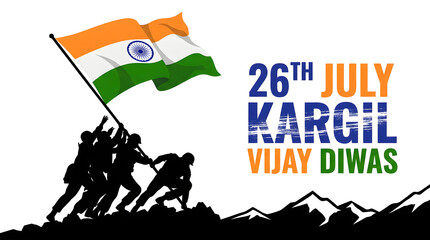 Fototapeta premium Kargil Vijay Diwas celebration with soldiers raising Indian flag at sunset