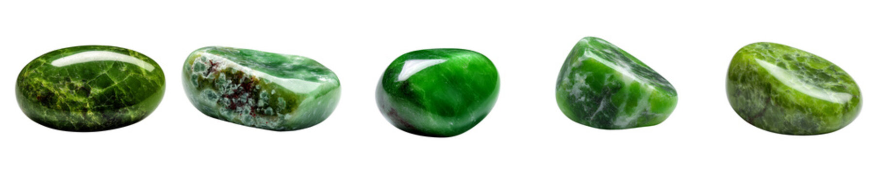 Polished green jade stones for gemstone and mineral collection concept isolated on transparent background