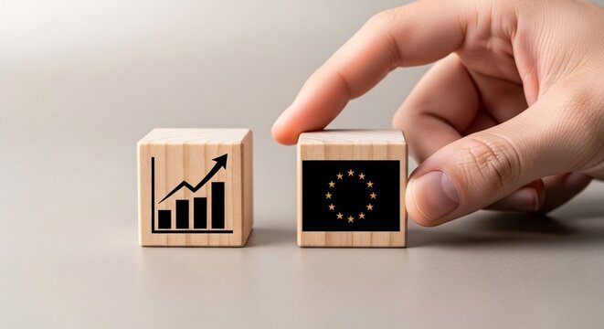 Business Growth and Progress Concept with Hand Holding Wooden Cube Showing Increasing Graph and Loading Icon on White Background