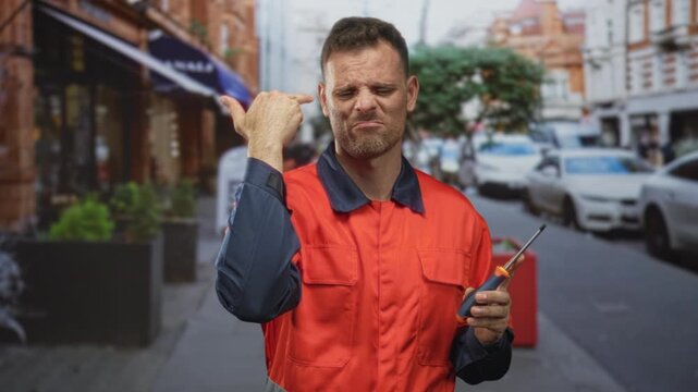 Man handyman in orange uniform flips middle finger while holding screwdriver on a busy street; defiance attitude.