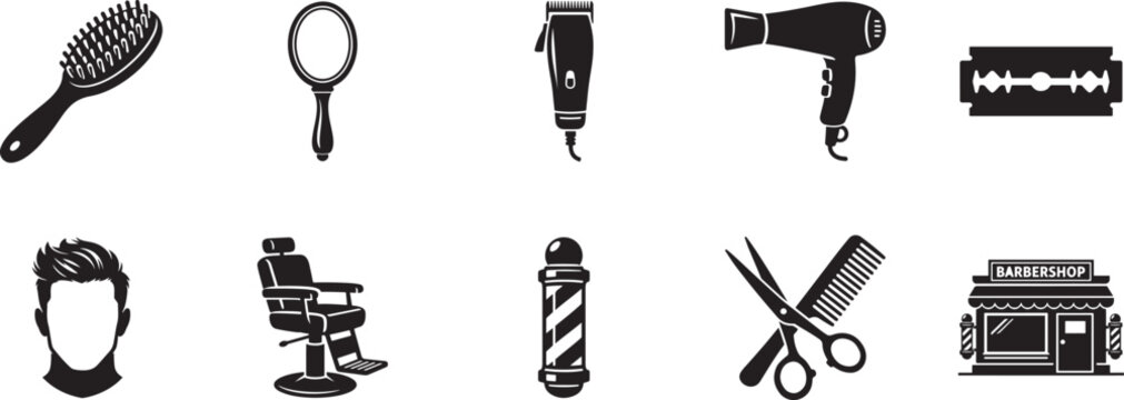 Barbershop and hair salon outline icon set with clipper, comb, razor, sprayer, pomade and dryer.