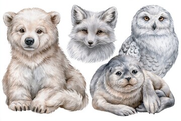 Fototapeta premium Charming watercolor illustrations of Arctic animals: polar bear cub, arctic fox, snowy owl, and seal pup.