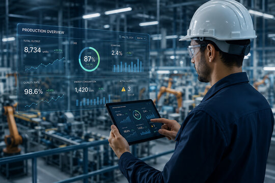 Industrial Engineer Using Digital Tablet for Factory Production Monitoring and Smart Manufacturing Analysis