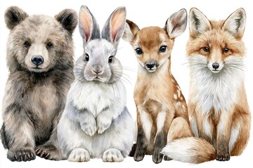 Fototapeta premium Charming watercolor illustration of a bear cub, rabbit, fawn, and fox sitting together in a row.