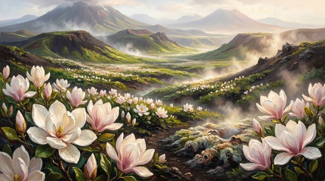 Impressionist Oil Painting of Magnolia Flowers and Volcanic Valley Landscape