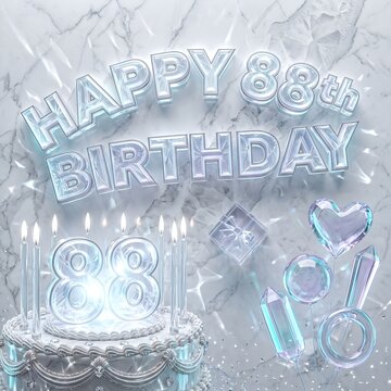 Elegant Crystal Happy 88th Birthday Celebration with Translucent Number Cake Decorative Balloons Marble Background and Glowing Candles