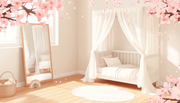 Dreamy nursery room with canopy bed and full length mirror under cherry blossom branches in soft morning light.
