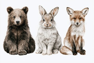 Naklejka premium Adorable watercolor illustrations of a brown bear, a fluffy rabbit, and a red fox sitting together.