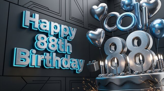 Industrial Metallic Happy 88th Birthday Display Featuring Steel Number Cake Silver Balloons Illuminated Candles and Dark Geometric Wall