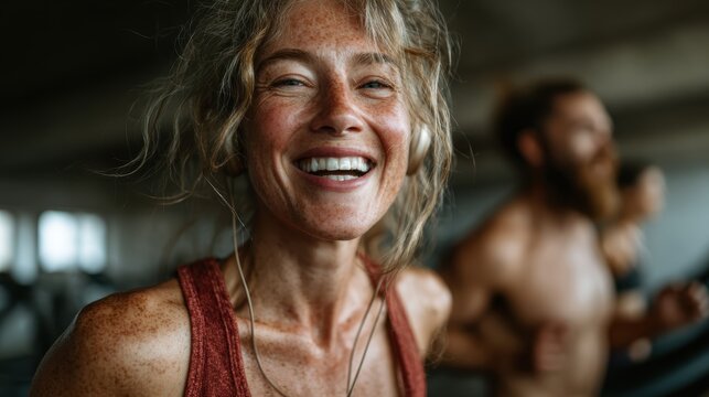 A cheerful woman enjoys a vibrant workout session in a gym, wearing headphones and capturing the essence of joy and energy during an invigorating exercise routine.