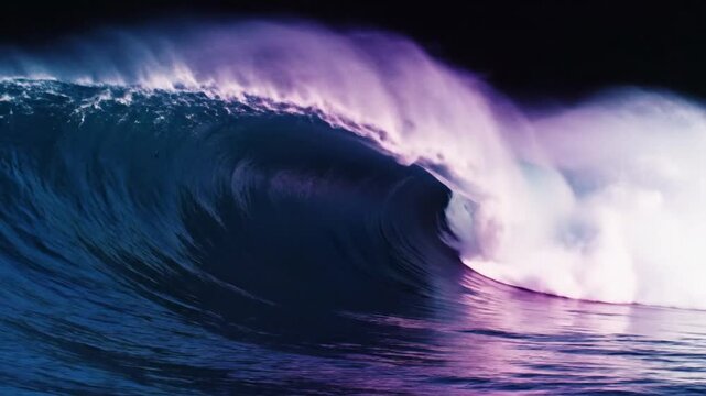 Ocean wave crashing with purple and blue tones at dusk or dawn
