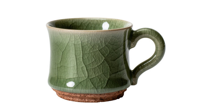Green ceramic mug with crackle glaze and rustic base, isolated on transparent background