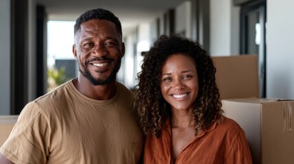 Obraz premium A happy couple stands together among boxes in their new home, symbolizing new beginnings and shared joy as they embark on the journey of home ownership.