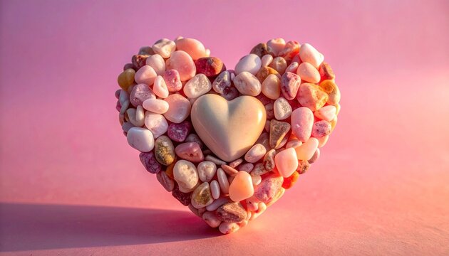 Heart of pink stones arranged on soft background