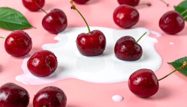 Fresh cherries with white liquid spill on pink surface