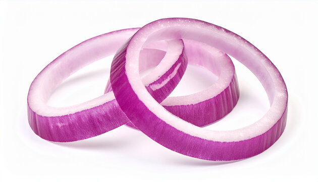 Sliced red onion rings isolated on white background, fresh cooking ingredient. Close-up.