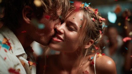 Fototapeta premium A couple shares a tender kiss surrounded by joyful confetti, symbolizing love and celebration during a vibrant party atmosphere filled with laughter and happiness.