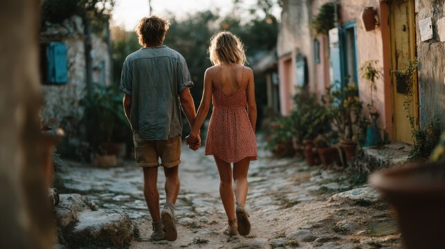 A couple strolling hand in hand along a quaint village lane, basking in the warmth of each other's company amidst charming scenery and a picturesque atmosphere.