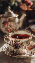 Fototapeta premium Hot tea brews in a fine china cup with floral patterns in a cozy setting with a teapot beside it in the afternoon light