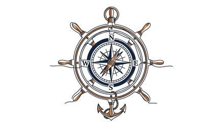 Nautical Compass Rose and Ship's Wheel with Anchor Icon © Nur