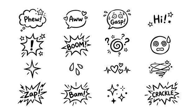 Hand drawn comic book elements and speech bubbles vector illustration set