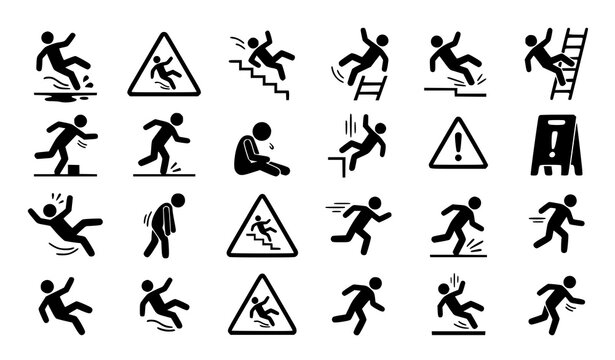 Safety sign collection slip trip fall hazard pictograms and warning symbols