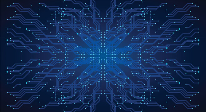 High tech symmetrical motherboard electronic circuit board abstract background featuring blue neon digital trails data streams connecting glowing dots