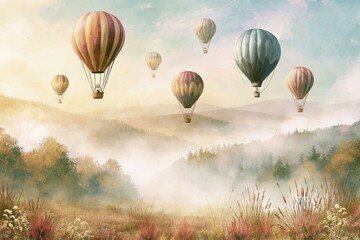 Fototapeta premium A whimsical scene of hot air balloons floating over misty mountains and a vibrant forest landscape.