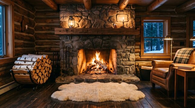 Wide-angle horizontal view of a warm, crackling stone fireplace in a rustic cabin, with a soft sheepskin rug laid out on the dark wood floor and a stack of split birch logs resting nearby, cozy evenin