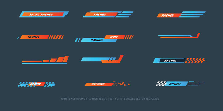 Sports and racing graphics design templates set featuring bold neon orange and blue geometric stripe elements for vehicle decals layouts