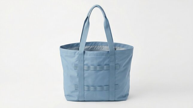 Blue utility tas bag with woven straps on white background