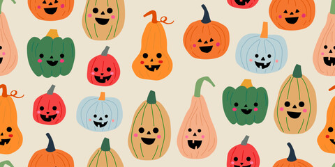 Naklejka premium Seamless Halloween pumpkin face pattern with colorful carved jack o' lanterns in orange, red, green, pink, beige, and raspberry tones on a warm beige background, playful spooky repeat design