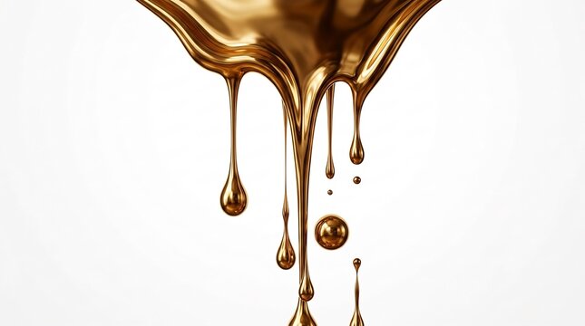 Liquid gold dripping against a clean white background